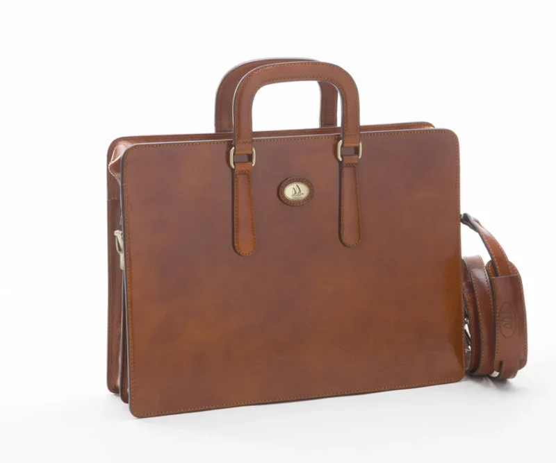 Borsa da Lavoro Piatta in pelle toscana, borsa porta documenti rigida con tracolla, D&D
